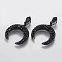 Brass Micro Pave Cubic Zirconia Pendants, Double Horn/Crescent Moon, Black