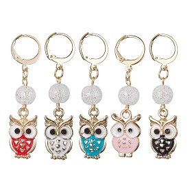 Owl Alloy Enamel Pendant Decorations, with Synthetic Crackle Quartz Beads and 304 Stainless Steel Leverback Earring Findings