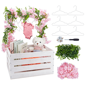 1 шт. прямоугольная деревянная корзина для хранения детских вещей, с 1шт. листовыми лианами, 1pc цветущие лианы, 6шт. пластиковые детские вешалки