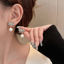 Imitation Pearl Beads Dangle Earrings for Women, Alloy Rhinestone and Enamel Bowknot Earings, 925 Sterling Silver Pins