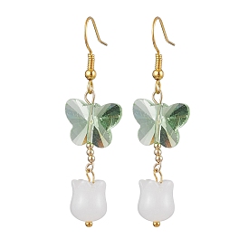 Butterfly Transparent Glass with Natural White Jade Dangle Earrings