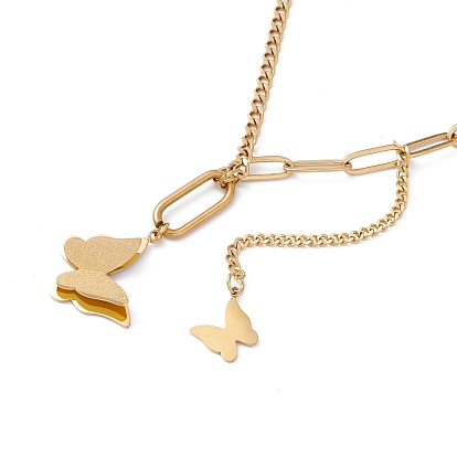 Butterfly Pendants Lariat Necklace, Ion Plating(IP) 304 Stainless Steel Jewelry for Women