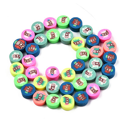 Handmade Polymer Clay Beads Strands, Flat Round with Ghost