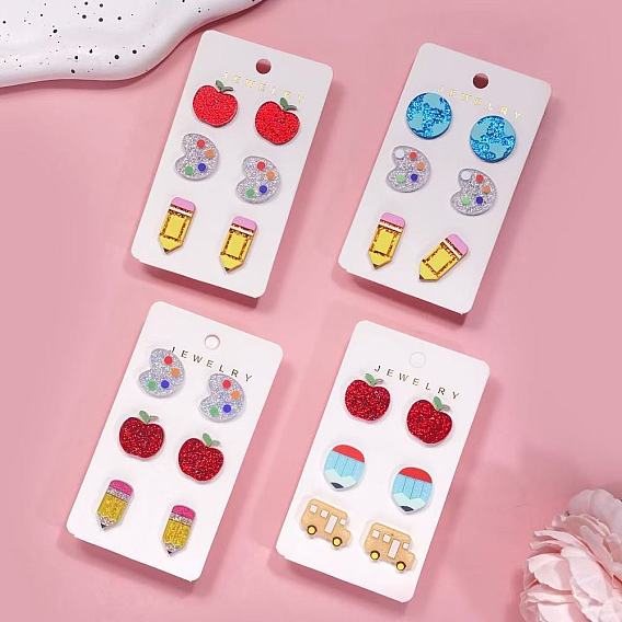 3 Pairs Acrylic Stud Earrings, Mixed Shapes, with Glitter Powder