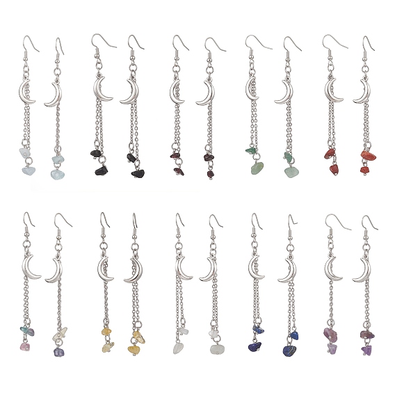 10 пары 10 стили латунные серьги-подвески в форме луны, с бусинами из натуральных драгоценных камней и 304 цепочками из нержавеющей стали, слева и справа, цвет нержавеющей стали