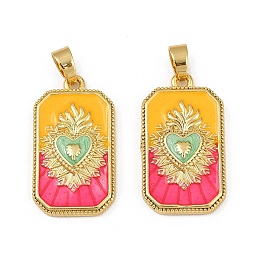 Brass Enamel Pendants, Long-Lasting Plated, Lead Free & Cadmium Free, Rack Plating, Golden, Rectangle with Sacred Heart Heart Charms