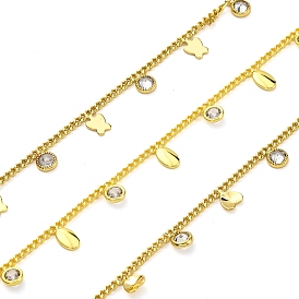 Handmade Brass Curb Chains, with Clear Cubic Zirconia, Spool, Long-Lasting Plated, Soldered, Lead Free & Cadmium Free