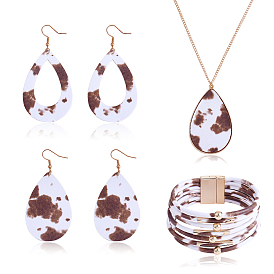 Collar con colgante de lágrima de imitación de cuero y aretes colgantes y pulsera de múltiples hilos, conjunto de joyas de aleación dorada para mujer