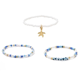 3Pcs 3 Style Glass Seed & ABS Plastic Pearl & Evil Eye Beaded Stretch Bracelets Set, Brass Starfish Charms Stackable Bracelets for Women