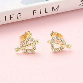 Серьги-гвоздики из латуни с микро-паве и прозрачным фианитом в форме сердца, стойки покрытие, без кадмия и без свинца