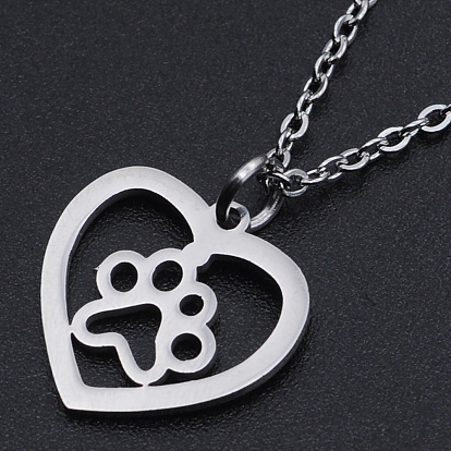 201 Stainless Steel Pendant Necklaces, with Cable Chains and Lobster Claw Clasps, Heart with Dog Paw Prints