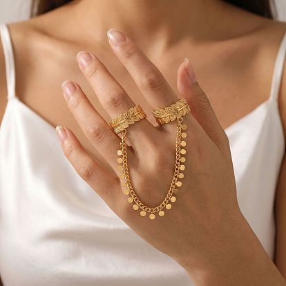 Anillos abiertos de doble puño de latón, hoja, con la cadena