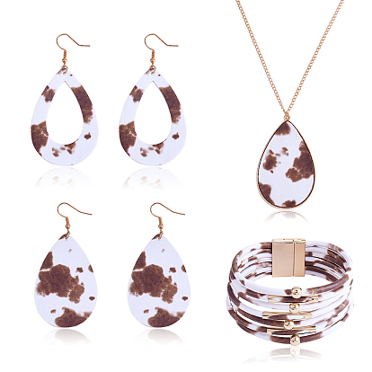 Collar con colgante de lágrima de imitación de cuero y aretes colgantes y pulsera de múltiples hilos, conjunto de joyas de aleación dorada para mujer