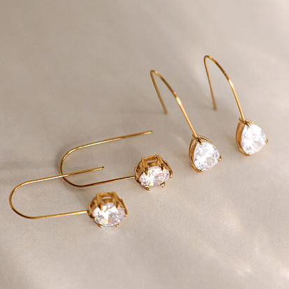 Boucles d'oreilles pendantes en acier inoxydable serties de zirconiums cubiques transparents., or