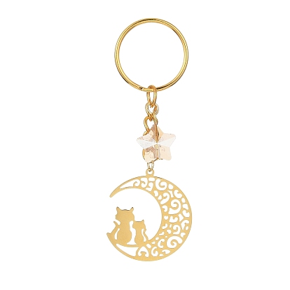 Stainless Steel Hollow Moon Cat Keychains, with Iron Keychain Ring and Star Glass Pendant