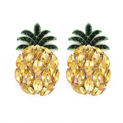 Cabujones de diamantes de imitación de esmeralda de aleación de chapado en rack, con vidrio, facetados, sin plomo y cadmio, la luz de oro, piña