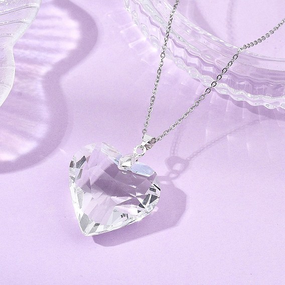 Подвеска в виде граненого прозрачного стеклянного сердца ко Дню святого Валентина 304 Цепочки из нержавеющей стали для женщин