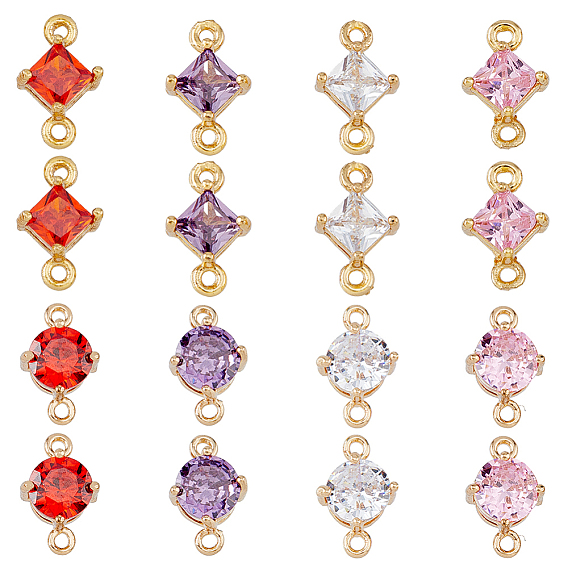 16шт 8 стили прозрачные стеклянные соединительные подвески, с легкими золотыми тонами латуни, граненые, ромб и плоские круглые