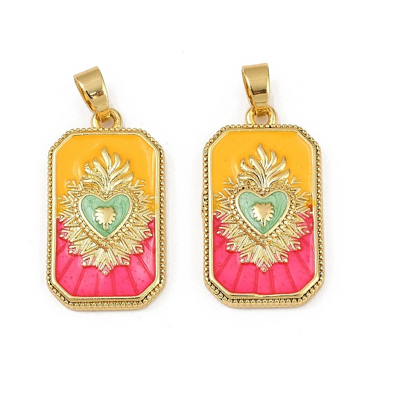 Brass Enamel Pendants, Long-Lasting Plated, Lead Free & Cadmium Free, Rack Plating, Golden, Rectangle with Sacred Heart Heart Charms