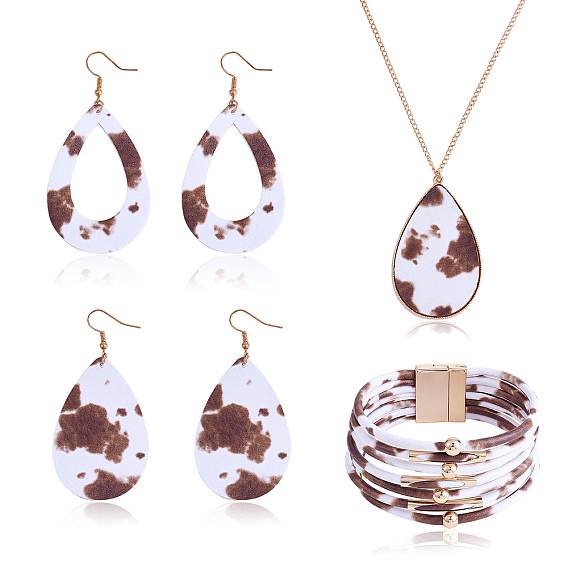 Imitation Leather Teardrop Pendant Necklace & Dangle Earrings & Multi-Strand Bracelet, Golden Alloy Jewelry Set for Women