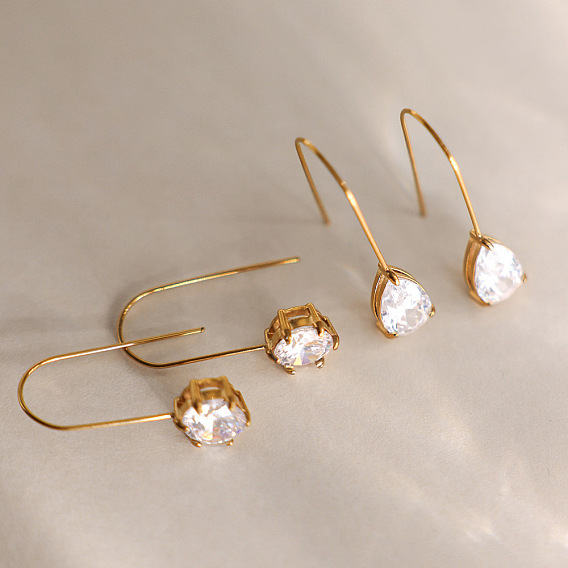 304 Stainless Steel Pave Clear Cubic Zirconia Dangle Earrings, Golden