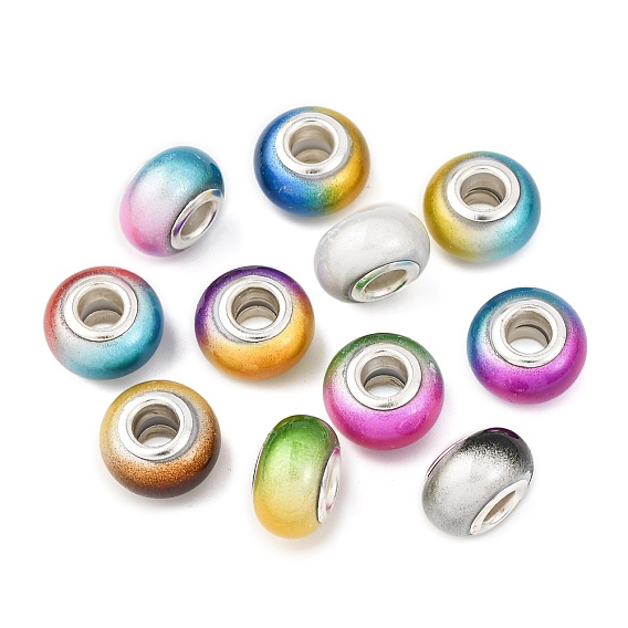 Двухцветные непрозрачные европейские бусины-рондель из смолы, с двойных ядер серебрянного цвета, бусины с большим отверстием