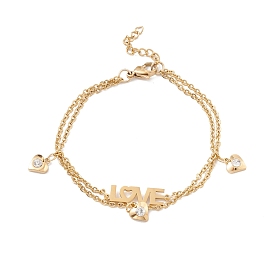 Crystal Rhinestone Heart and Word Love Charm Bracelet with 304 Stainless Steel Chains for Women