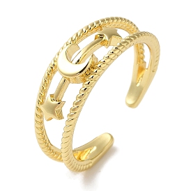 Moon & Star Rack Plating Brass Open Cuff Finger Rings for Women, Long-Lasting Plated, Lead Free & Cadmium Free