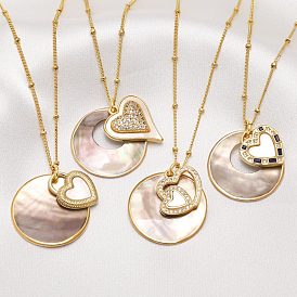 Brass Pave Clear Cubic Zirconia & Natural Paua Shell Flat Round with Heart Pendant Necklaces for Women, Golden