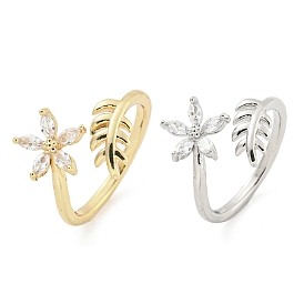 Brass Micro Pave Cubic Zirconia Cuff Rings, Flower & Leaf Open Rings for Women, Long-Lasting Plated