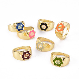 Alloy Enamel Wide Band Rings, Cadmium Free & Lead Free, Light Gold, Flower