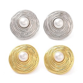 Rack Plating Flat Round Brass ABS Imitation Pearl Stud Earrings, Lead Free & Cadmium Free, Long-Lasting Plated