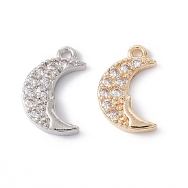 Rack Plating Brass Micro Pave Clear Cubic Zirconia Charms, Long-Lasting Plated, Cadmium Free & Lead Free, Moon Charms