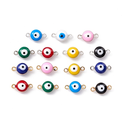 Brass Enamel Connector Charms, Flat Round with Evil Eye