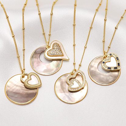 Brass Pave Clear Cubic Zirconia & Natural Paua Shell Flat Round with Heart Pendant Necklaces for Women, Golden