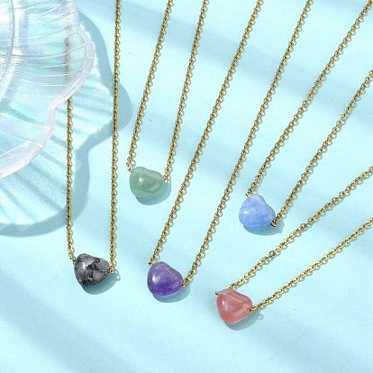 Кулон в форме сердца из натуральных и синтетических камней 304 цепочки из нержавеющей стали для женщин, смешанные окрашенные и неокрашенные, золотые