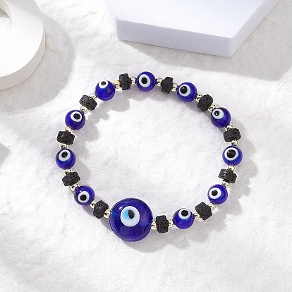 Браслеты из натуральной лавы и бусин ручной работы в технике лэмпворк, злые глаза, с немагнитных синтетическими гематита бисера
