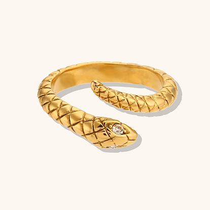 Vintage Stainless Steel 18K Gold Plated Snake Ring with Diamond Eyes and Grid Pattern for Women