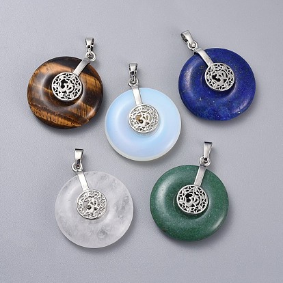 Gemstone Pendants, with Platinum Tone Brass Findings, Donut/Pi Disc with Ohm/Aum