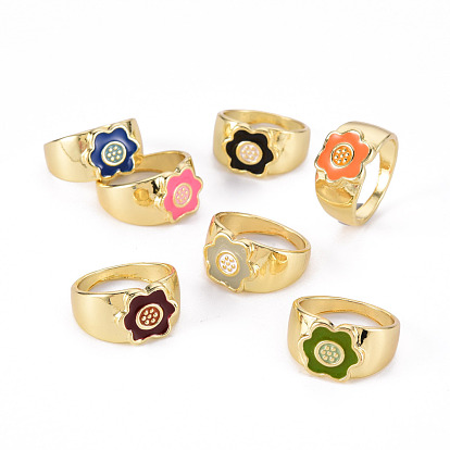 Alloy Enamel Wide Band Rings, Cadmium Free & Lead Free, Light Gold, Flower