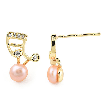 Boucles d'oreilles notes de musique perle rose perle naturelle avec zircone cubique, boucles d'oreilles en laiton avec épingles en argent sterling pour les femmes