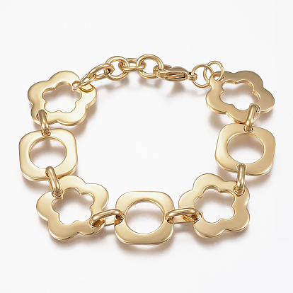 304 Stainless Steel Link Bracelets, with Lobster Claw Clasps, Hollow Flower
