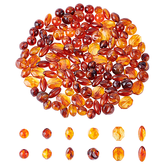 144Pcs 6 Style Acrylic Beads, Imitation Gemstone, Oval & Octagon & Round