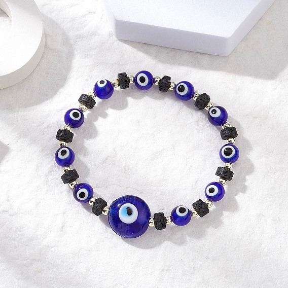 Браслеты из натуральной лавы и бусин ручной работы в технике лэмпворк, злые глаза, с немагнитных синтетическими гематита бисера