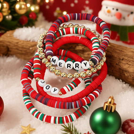 6шт. 6 стили: браслеты из полимерной глины с бусинами «хейши» и латунными круглыми бусинами, набор браслетов., Украшения из смолы и акрила в виде бусин «Веселье и радость» для женщин.