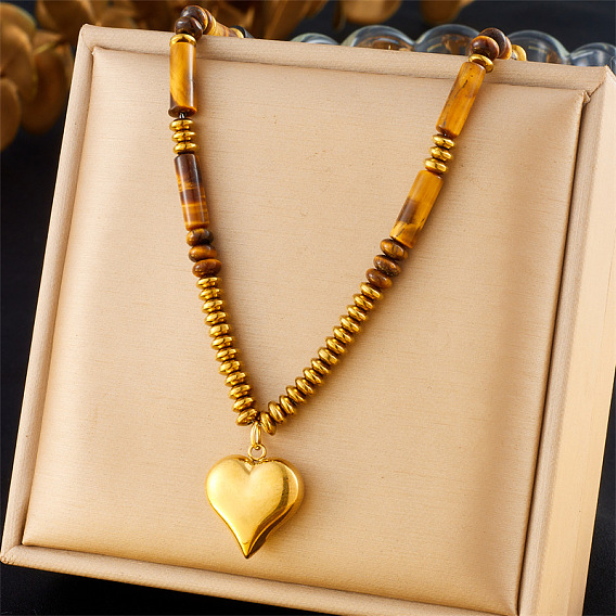 304 Collares de acero inoxidable con colgante de corazón y cuentas de ojo de tigre natural para mujer