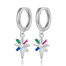 Star 925 Sterling Silver Dangle Hoop Earrings, with Colorful Cubic Zirconia