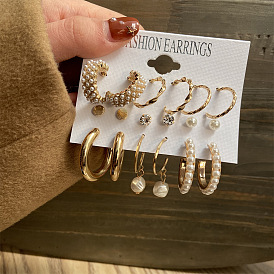 Комплект винтажных серег с жемчугом во французском стиле - коллекция золотых обручей из 6 частей