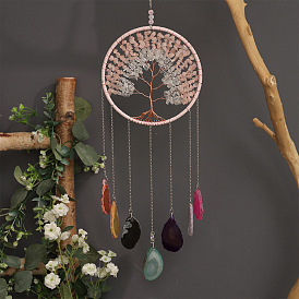 Подвесные украшения в виде дерева жизни из натурального розового кварца и хрустальной крошки, обмотанной латунной проволокой, кисточка из натурального агата для украшения дома и автомобиля