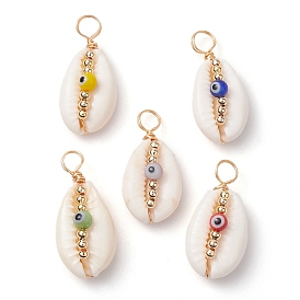 Natural Cowrie Shell Pendants, Faceted Glass & Lampwork & Brass Bead Copper Wire Wrapped Shell Shape Charms, Real 18K Gold Plated